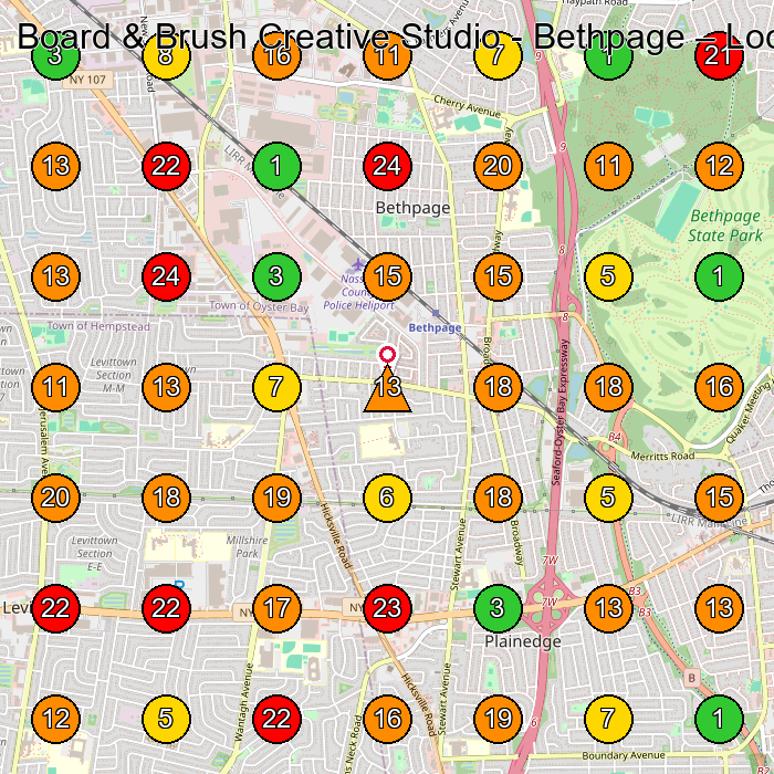 Board & Brush Creative Studio - Bethpage Do-It-Yourself Shop GeoGrid ranking map for Bethpage NY